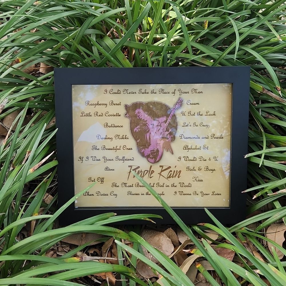 Shadowbox frame with engraved picture of Prince ( and songs )